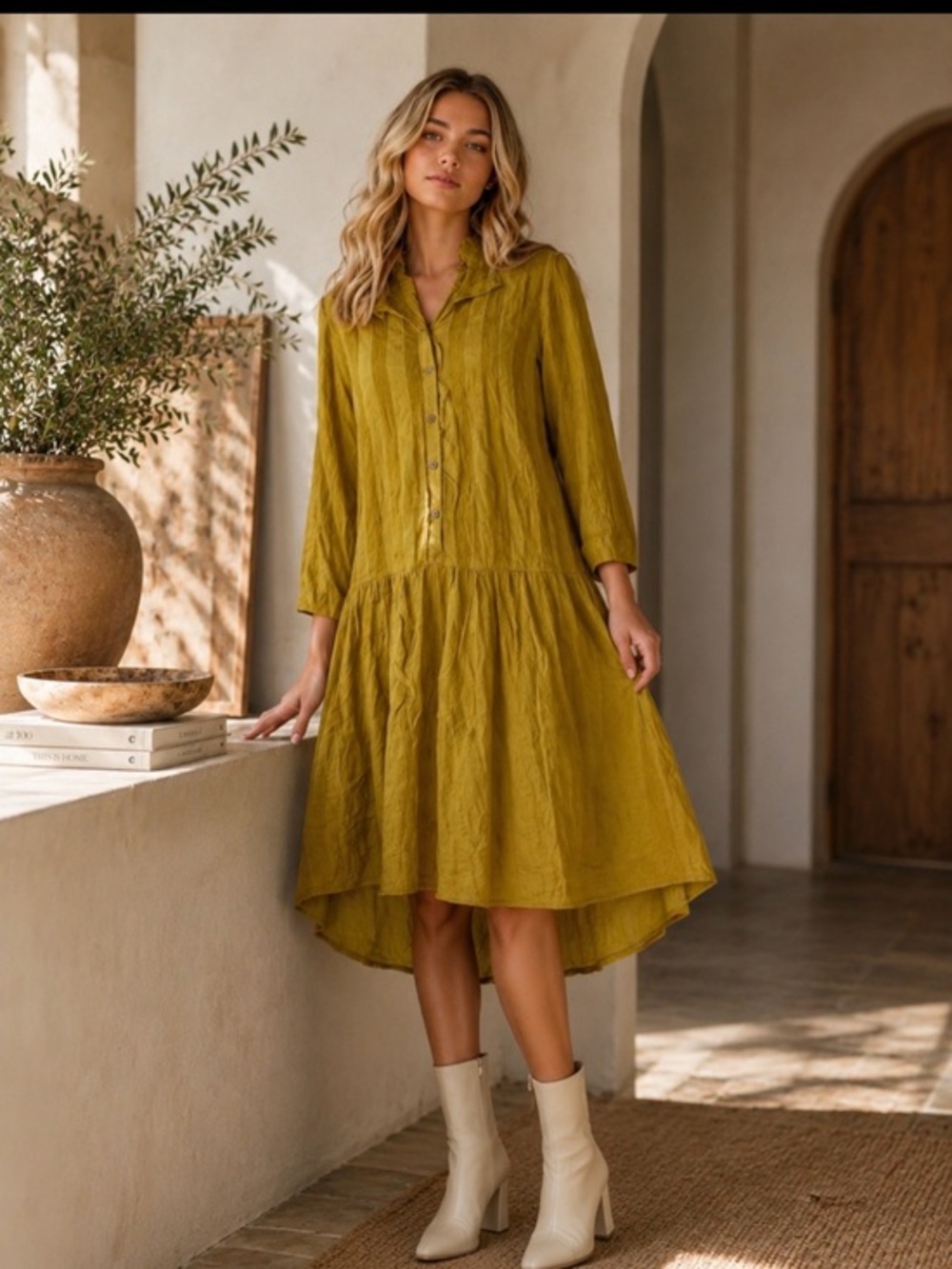 Relaxed High-Low Shirt Dress in Olive Green